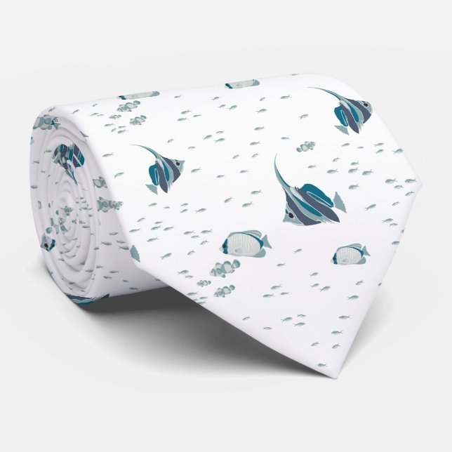 Blue White Tropical Fish Ocean Pattern Tie (Rolled)
