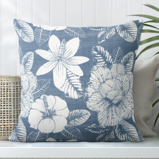 Blue & White Tropical Flower Throw Pillow