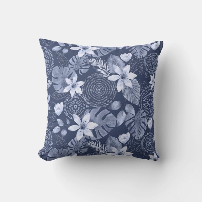 Blue & White Tropical Leaves and Flowers Cushion (Front)