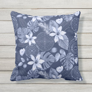 Blue & White Tropical Leaves and Flowers Cushion