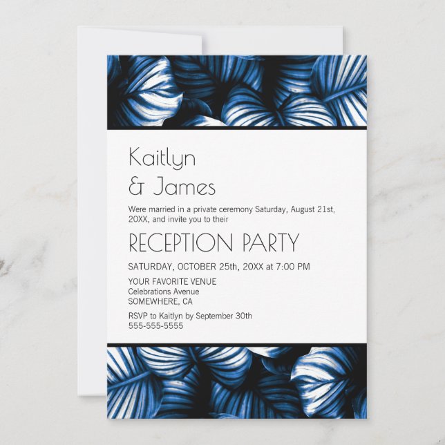 Blue White Tropical Palm Wedding Reception Invitation (Front)