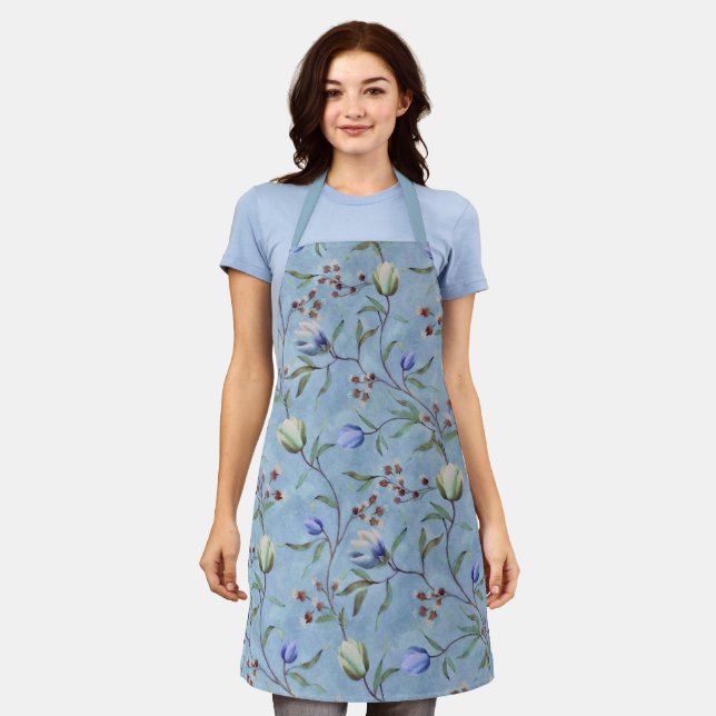 Blue & White Tulips Anemones Pattern  Apron (Worn)