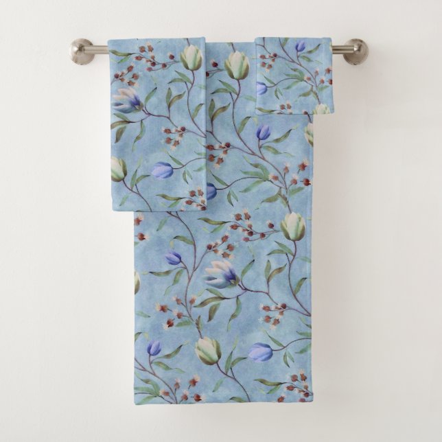 Blue & White Tulips Anemones Pattern  Bath Towel Set (Insitu)