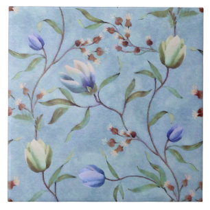 Blue & White Tulips Anemones Pattern Ceramic Tile