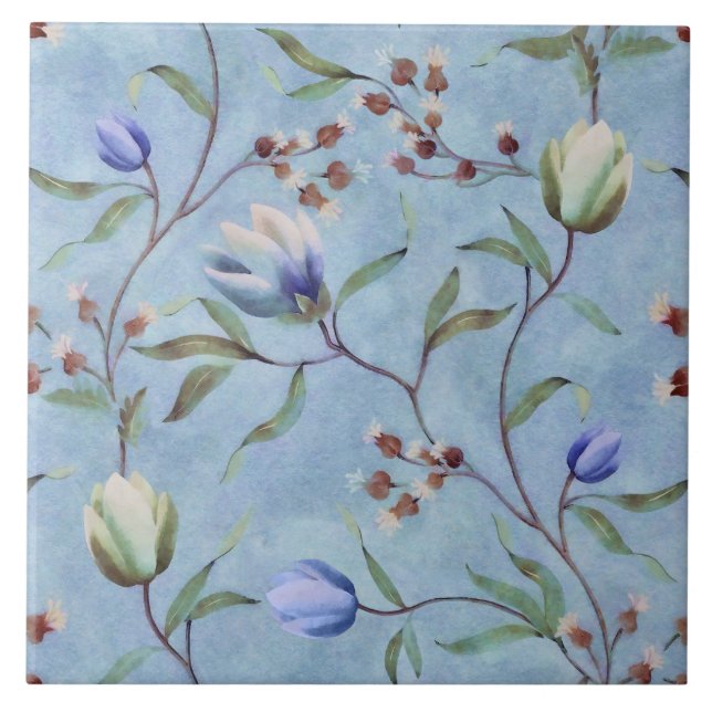 Blue & White Tulips Anemones Pattern  Ceramic Tile (Front)