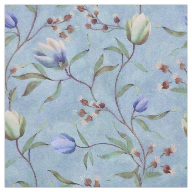 Blue & White Tulips Anemones Pattern Fabric (Swatch)