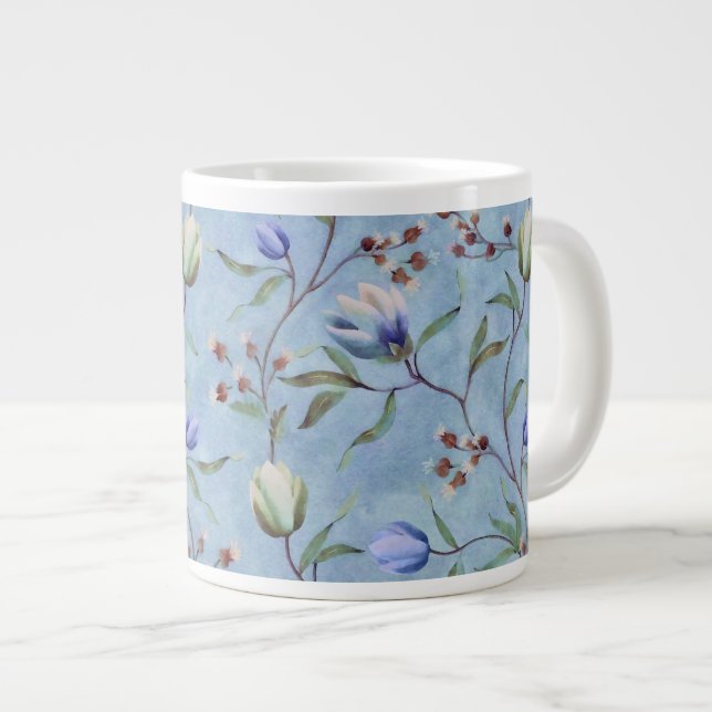 Blue & White Tulips Anemones Pattern Large Coffee Mug (Front Right)