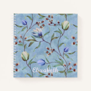 Blue & White Tulips Anemones Pattern Monogram Notebook