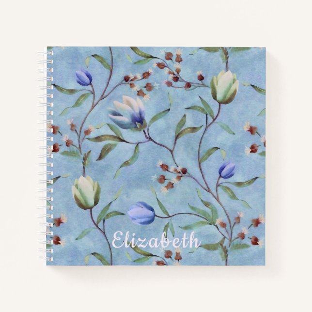 Blue & White Tulips Anemones Pattern Monogram  Notebook (Front)
