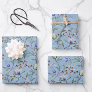 Blue & White Tulips Anemones Pattern Wrapping Paper Sheet
