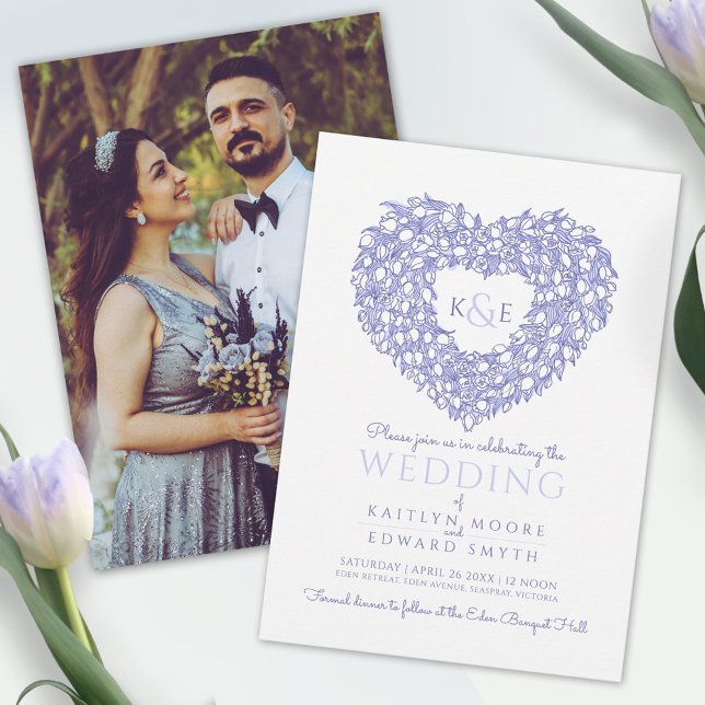 Blue white tulips drawing heart photo wedding invitation (Creator Uploaded)
