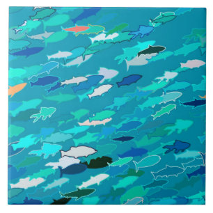 Blue, white, turquoise school of fish tile