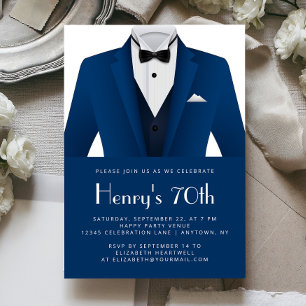 Blue White Tuxedo Mens 70th Birthday Party Invitation