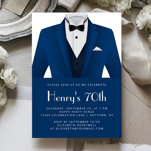 Blue White Tuxedo Mens 70th Birthday Party Invitation (Creator Uploaded)