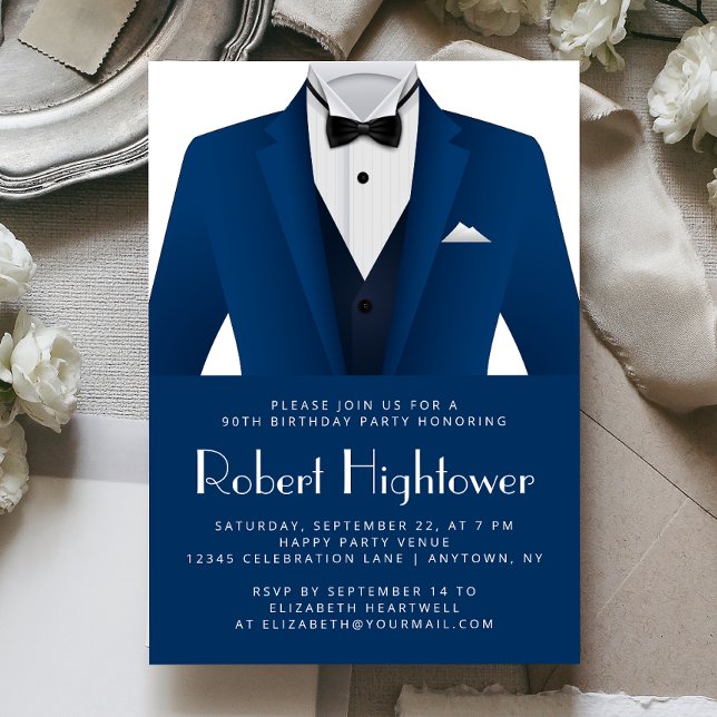 Blue White Tuxedo Mens Birthday Party Invitation (Creator Uploaded)