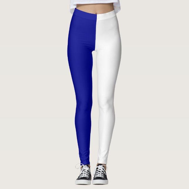 Blue White Two Tone Split Half Design Leggings (Front)