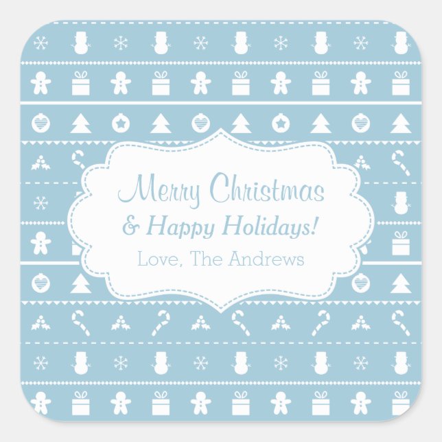 Blue White Ugly Christmas Sweater Icons Pattern Square Sticker (Front)