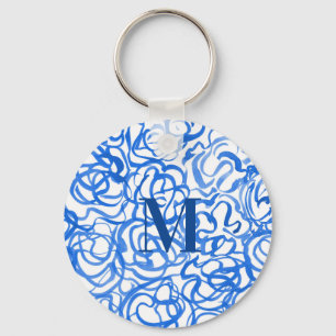 Blue White Unique Watercolor Swirls    Key Ring