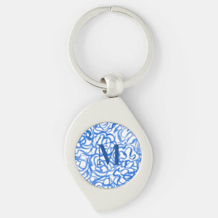 Blue White Unique Watercolor Swirls         Key Ring