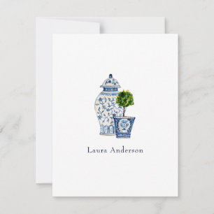 Blue & white urn and topiary flat thank you card