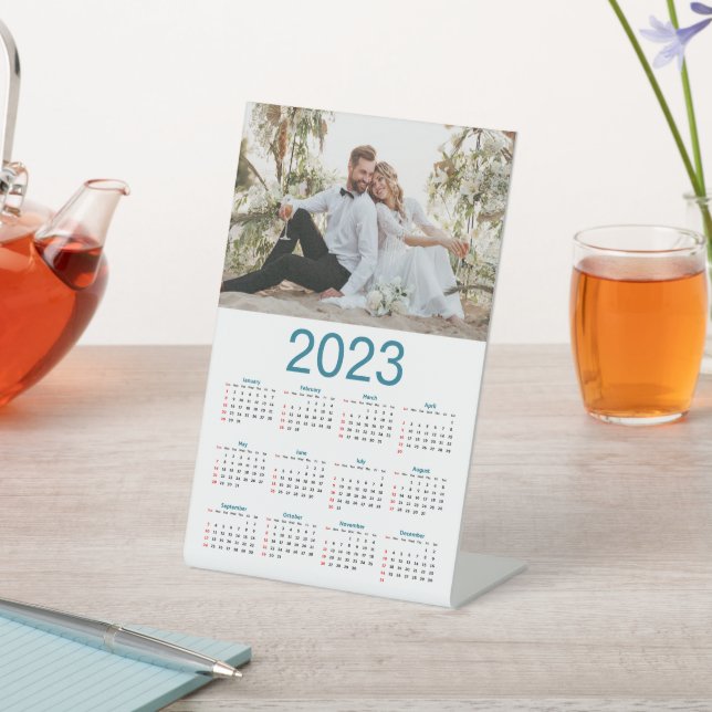 Blue & White US 2023 Yearly Photo Calendar Pedestal Sign (In SItu)