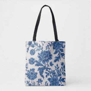 Blue & White Victorian-inspired Floral Print Tote Bag