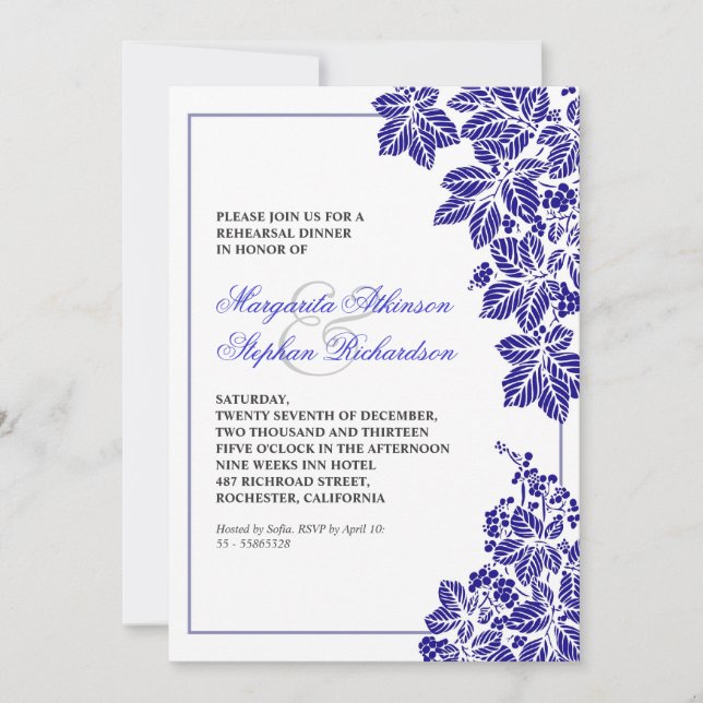 blue & white vineyard rehearsal dinner invites (Front)