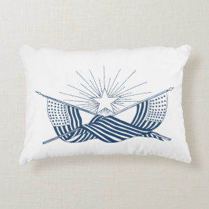 Blue & White Vintage American Flags w/Shining Star Decorative Cushion