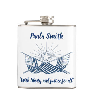 Blue & White Vintage American Flags w/Shining Star Hip Flask