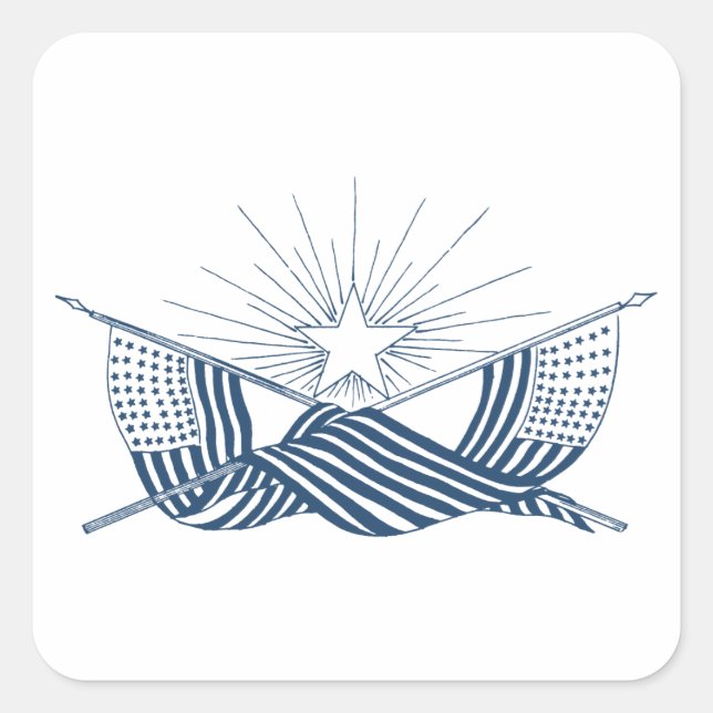 Blue & White Vintage American Flags w/Shining Star Square Sticker (Front)
