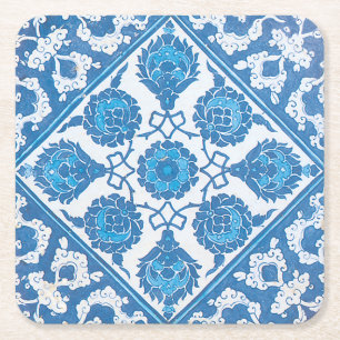 Blue White Vintage Cornflower Faux Tile Art Square Paper Coaster
