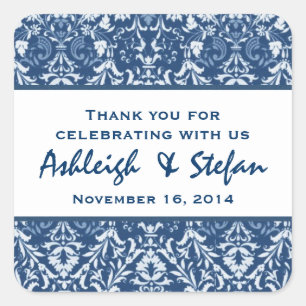 Blue White Vintage Damask Thank You Wedding V09 Square Sticker