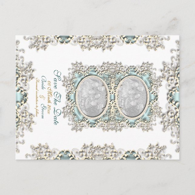 Blue white vintage filigree photo announcement postcard (Front)