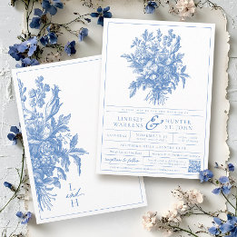Blue & White Vintage Floral Elegant Garden Wedding Invitation