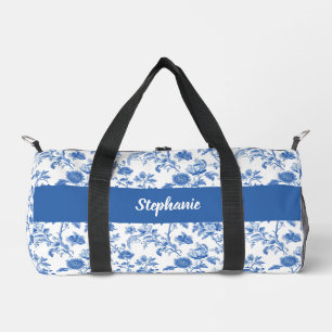 Blue White Vintage Floral Monogram Name Duffle Bag