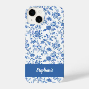 Blue White Vintage Floral Monogram Name iPhone 14 Case