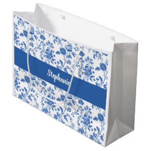 Blue White Vintage Floral Monogram Name Large Gift Bag