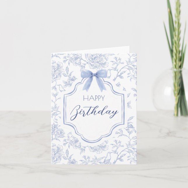 Blue white vintage floral pattern bow  card (Front)