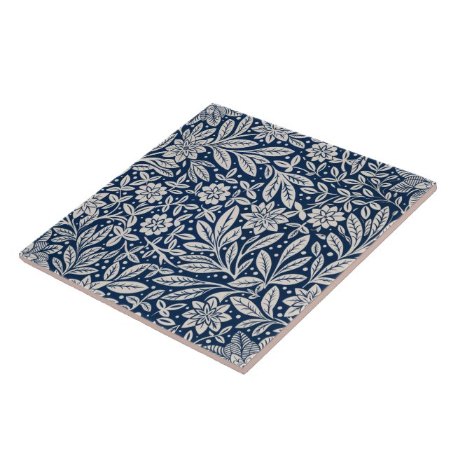 Blue & White Vintage Floral Pattern Ceramic Tile (Side)