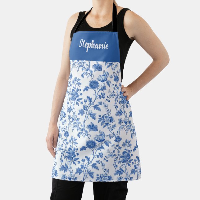 Blue White Vintage Floral Personalized Name  Apron (Insitu)