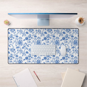 Blue White Vintage Floral Toile Pattern  Desk Mat