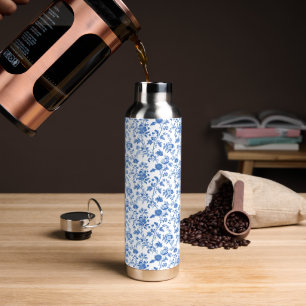 Blue White Vintage Floral Toile Pattern Water Bottle