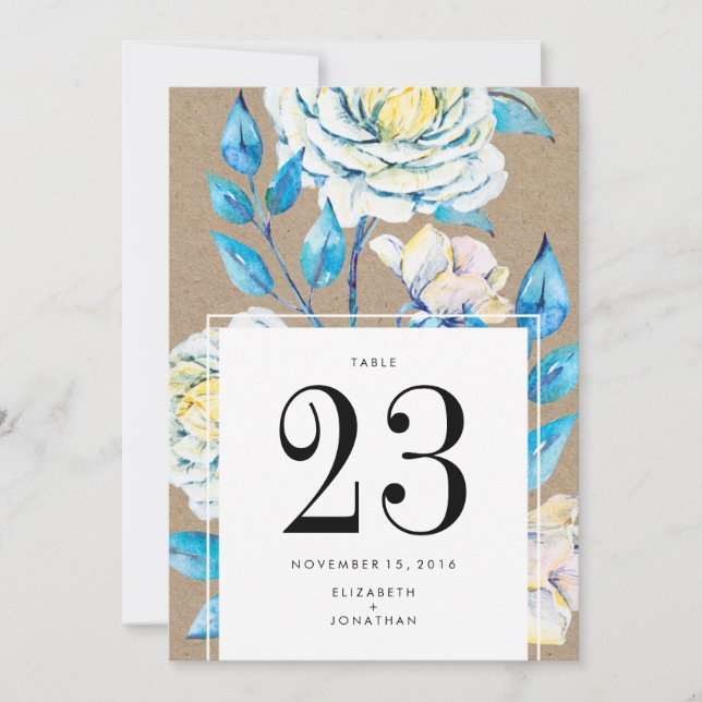 Blue White Vintage Kraft Rose Wedding Table Number (Front)
