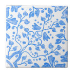 Blue White Vintage Original Unique Watercolor Ceramic Tile<br><div class="desc">Beautiful high quality original watercolor vintage botanical pattern ceramic tile blue on a white background. Perfect for a fresh style interior design.</div>