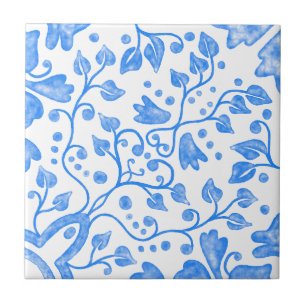 Blue White Vintage Original Unique Watercolor Ceramic Tile