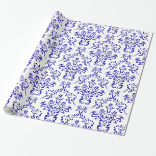 Blue&White Vintage Pattern Christmas Floral Damask Wrapping Paper