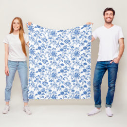 Blue White Vintage Toile Floral Fleece Blanket