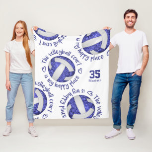 blue white volleyball court happy place typography fleece blanket