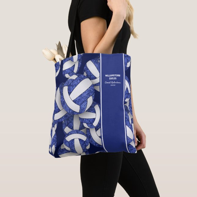 blue white volleyball end of season team gifts tote bag (Close Up)