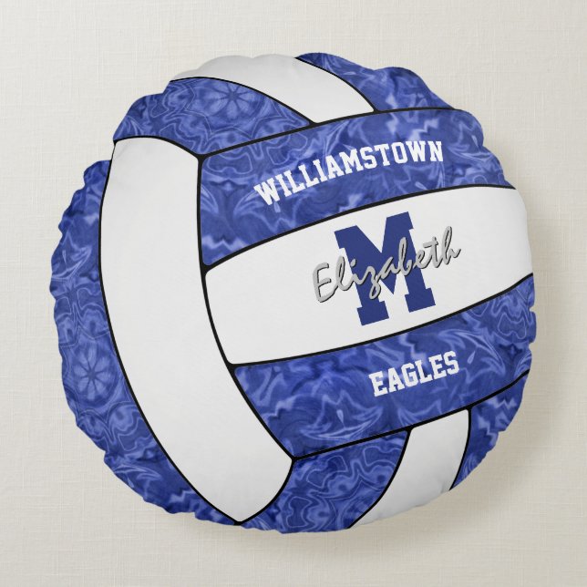 blue white volleyball team colours girl sports roo round cushion (Front)